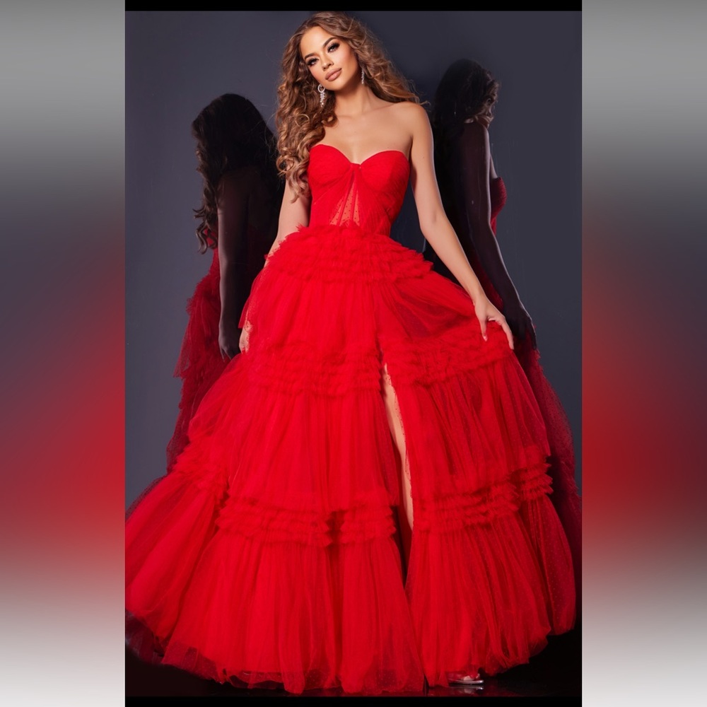 JOVANI Strapless Layered Tulle Ball Gown with High Slit